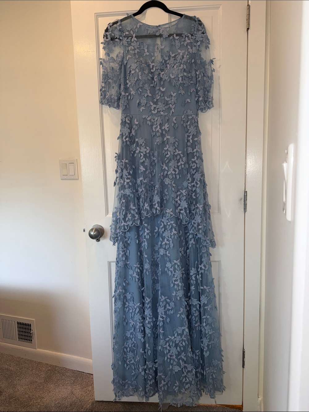 TERI JON
Light Blue Embroidered Maxi Dress with 3D Floral Appliqué
